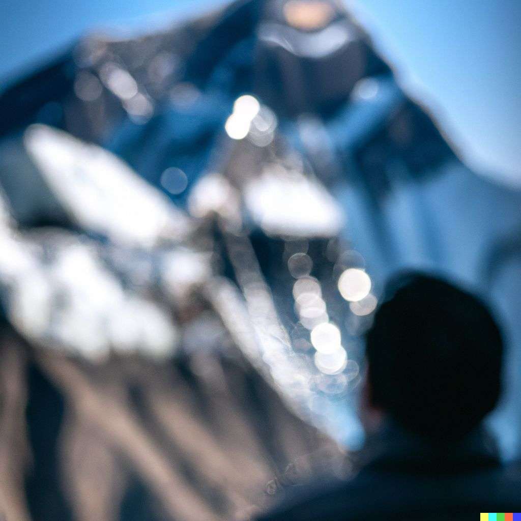 someone gazing at Mount Everest, photograph, extreme bokeh